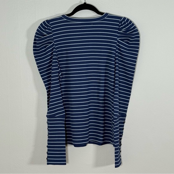 Maeve Anthropologie NWT Puff Sleeve Ribbed Striped Top Navy/Sky Blue Sz L - Picture 3 of 6